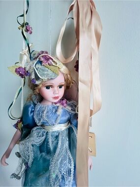 Porcelain Doll in Blue Dress with Floral Hat - Kids Toys